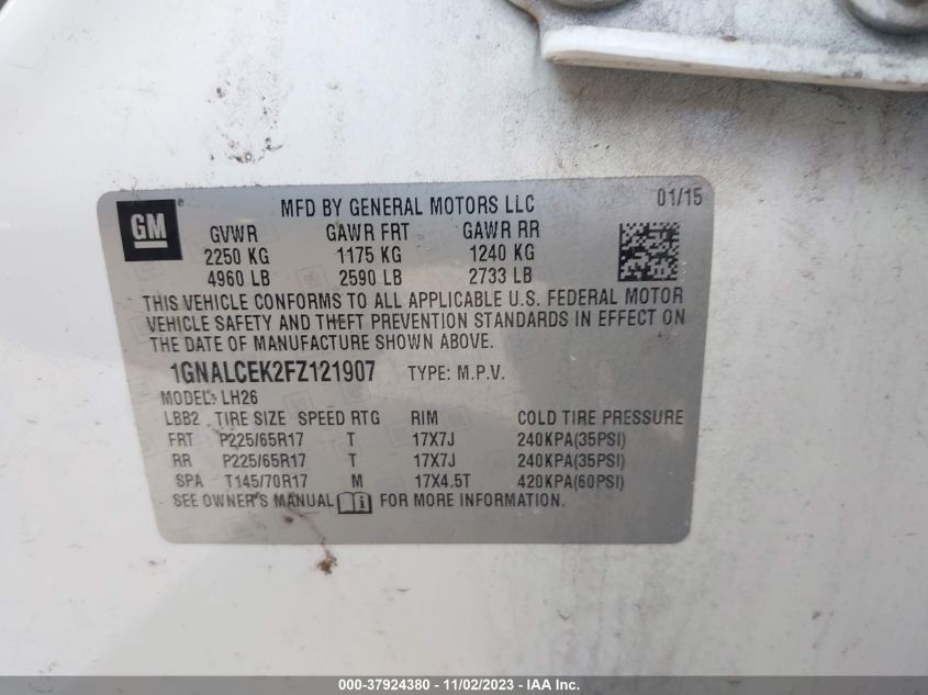 2015 CHEVROLET EQUINOX LT - 1GNALCEK2FZ121907