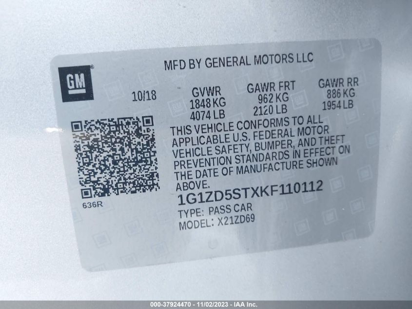 2019 CHEVROLET MALIBU LT - 1G1ZD5STXKF110112
