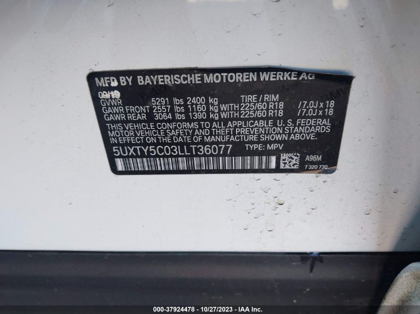 5UXTY5C03LLT36077 2020 BMW X3, photo no. 9