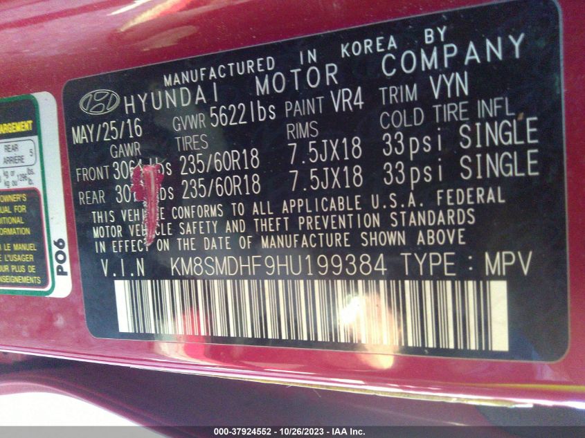 2017 HYUNDAI SANTA FE SE - KM8SMDHF9HU199384