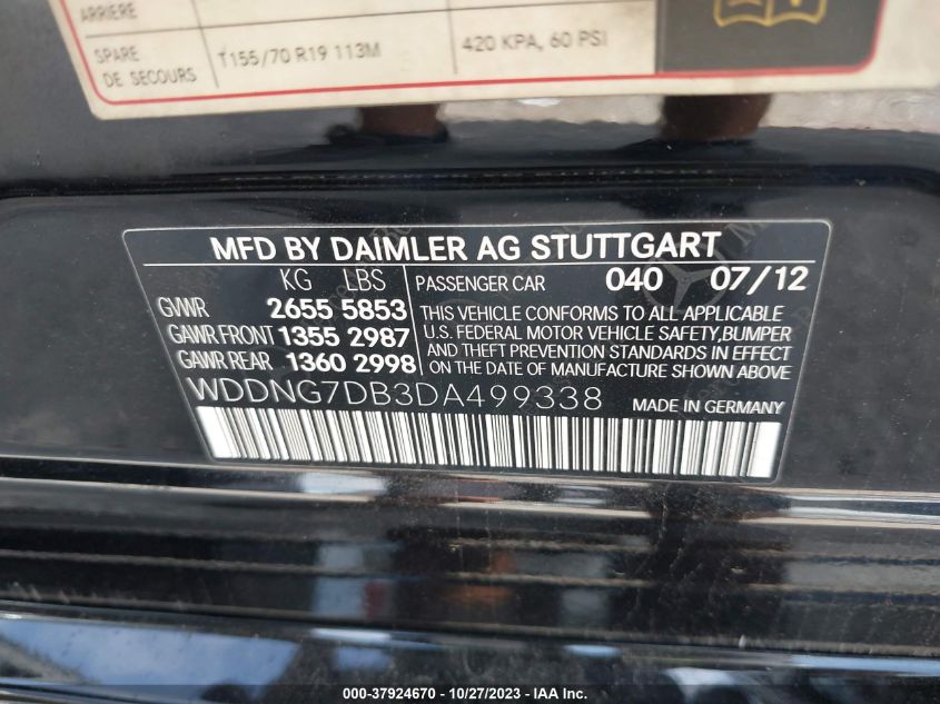 2013 MERCEDES-BENZ S 550 WDDNG7DB3DA499338