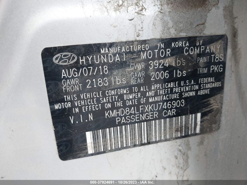 2019 HYUNDAI ELANTRA SEL - KMHD84LFXKU746903