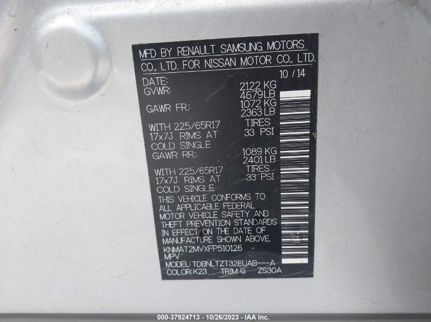 2015 NISSAN ROGUE SV - KNMAT2MVXFP510126