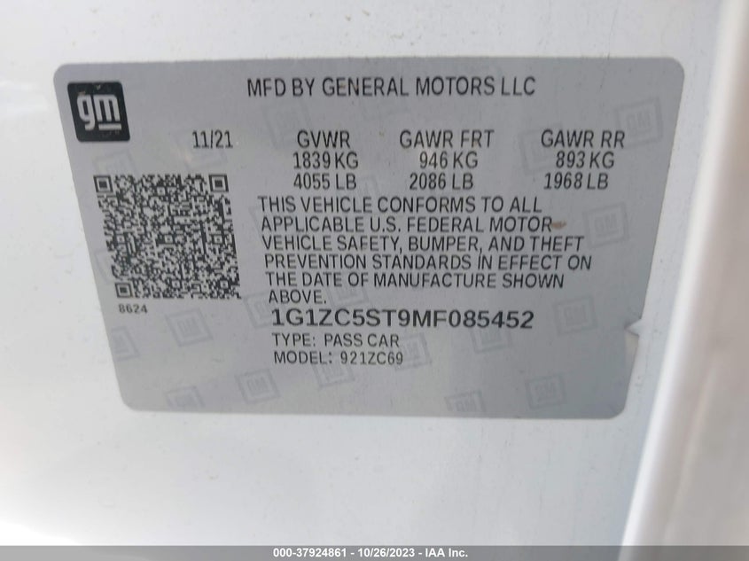 VIN 1G1ZC5ST9MF085452 2021 CHEVROLET MALIBU LS
