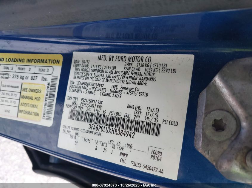 2017 FORD FUSION HYBRID SE - 3FA6P0LUXHR384942