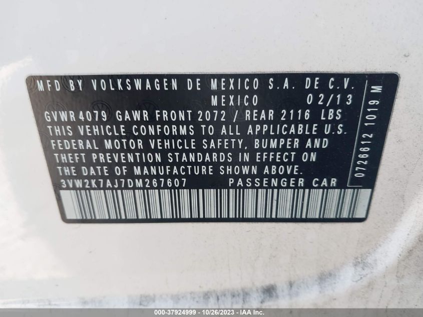 2013 VOLKSWAGEN JETTA SEDAN S 3VW2K7AJ7DM267607