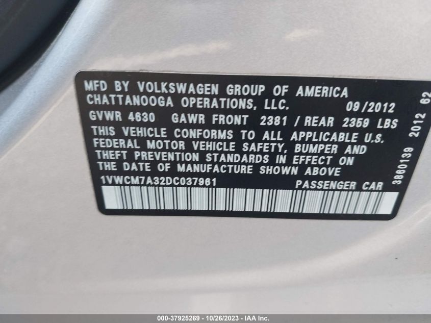 2013 VOLKSWAGEN PASSAT SEL - 1VWCM7A32DC037961