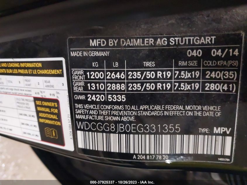 2014 MERCEDES-BENZ GLK 350 WDCGG8JB0EG331355