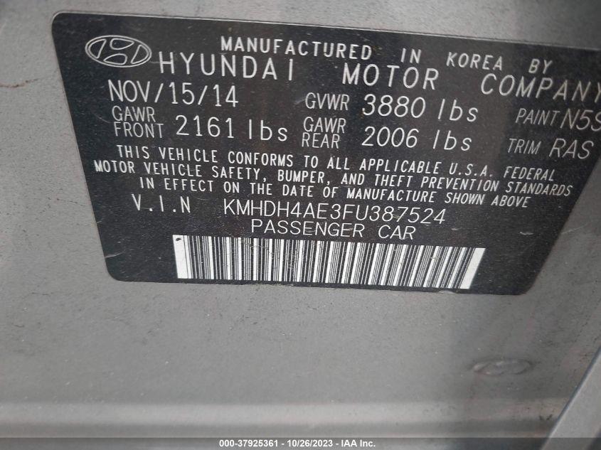 2015 HYUNDAI ELANTRA SE/SPORT/LIMITED - KMHDH4AE3FU387524