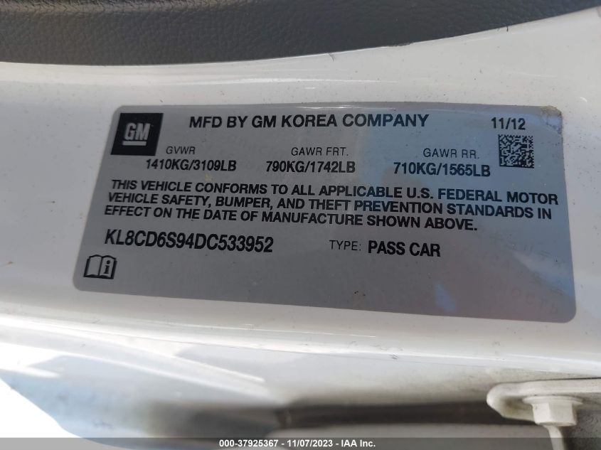 2013 CHEVROLET SPARK LT - KL8CD6S94DC533952