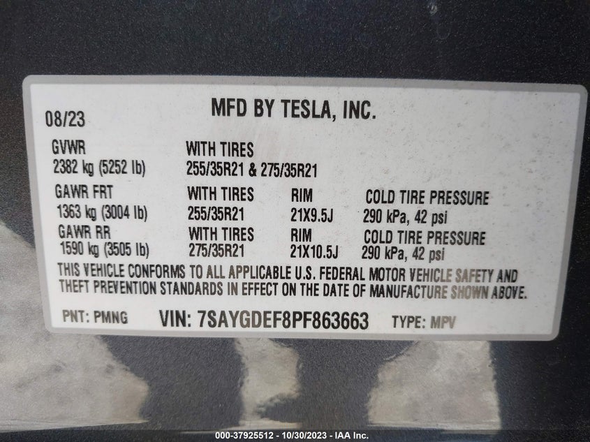 VIN 7SAYGDEF8PF863663 2023 TESLA MODEL Y