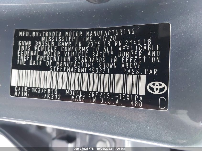 2021 TOYOTA COROLLA LE - 5YFEPMAE8MP190371