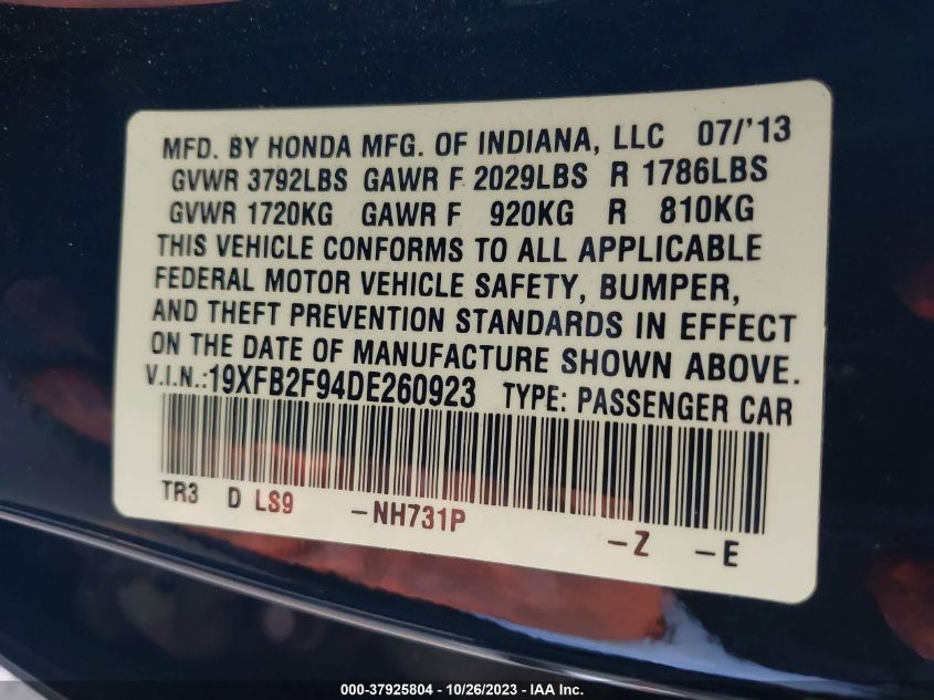 2013 HONDA CIVIC SDN EX-L 19XFB2F94DE260923