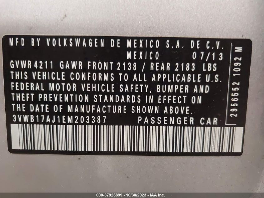 2014 VOLKSWAGEN JETTA SEDAN SE W/CONNECTIVITY 3VWB17AJ1EM203387