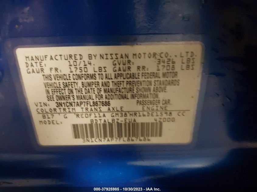 2015 NISSAN VERSA SV - 3N1CN7AP7FL867686