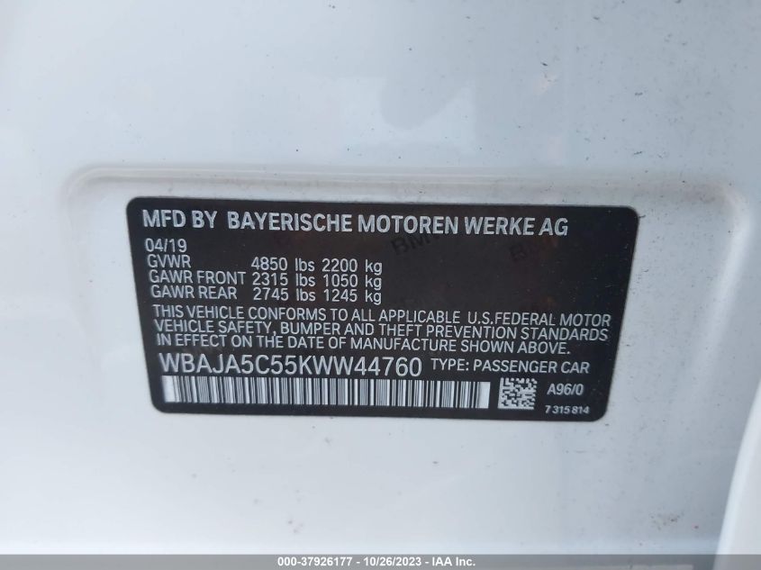 2019 BMW 530I WBAJA5C55KWW44760