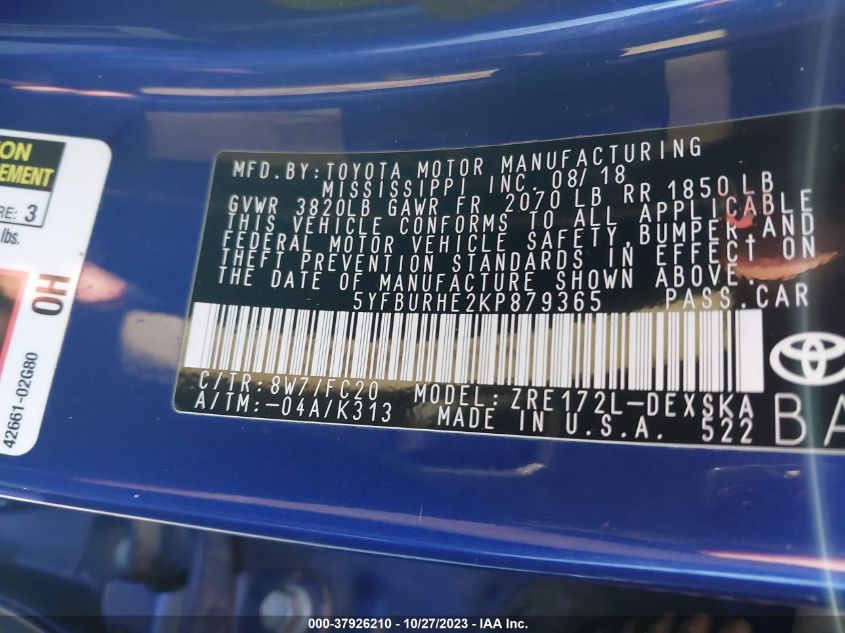 2019 TOYOTA COROLLA L/LE/XLE/SE/XSE - 5YFBURHE2KP879365