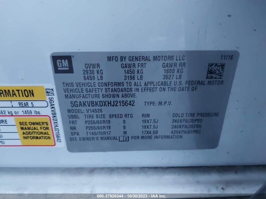 VIN 5GAKVBKDXHJ215642 2017 BUICK ENCLAVE LEATHER