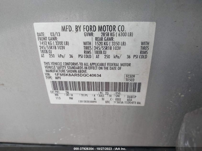 2013 FORD UTILITY POLICE 1FM5K8AR5DGC40634