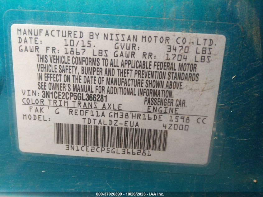 2016 NISSAN VERSA NOTE SV - 3N1CE2CP5GL366281
