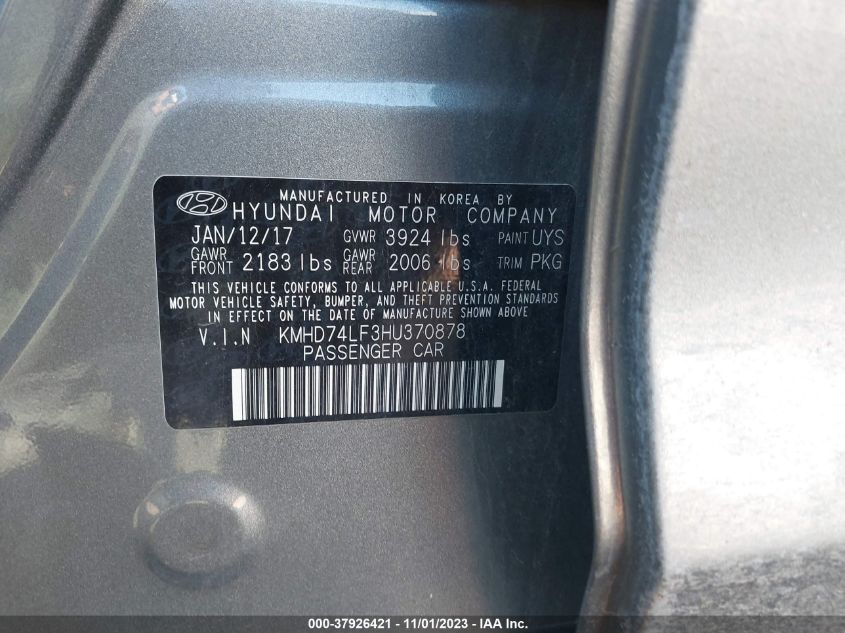 2017 HYUNDAI ELANTRA SE - KMHD74LF3HU370878