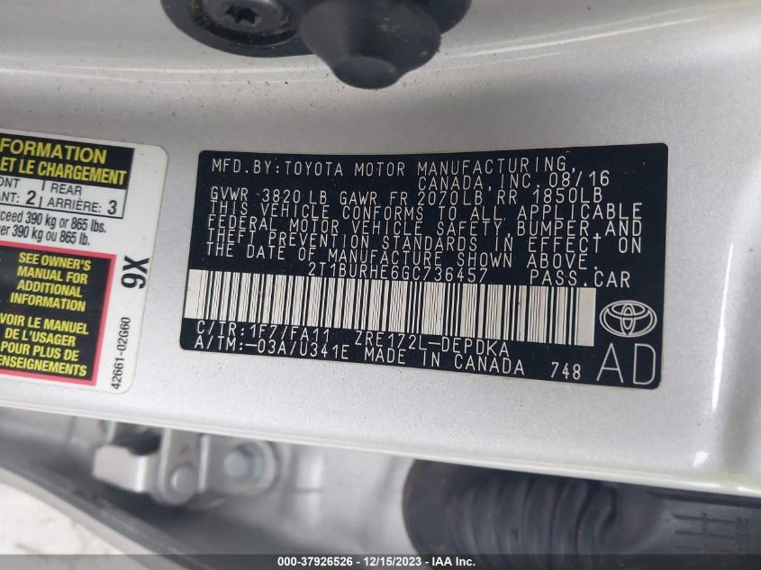 2016 TOYOTA COROLLA L/LE/LE PLS/PRM/S/S PLS - 2T1BURHE6GC736457