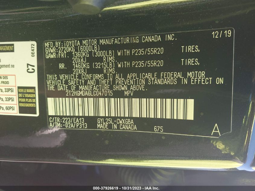 2020 LEXUS RX RX 450H - 2T2HGMDA6LC047015