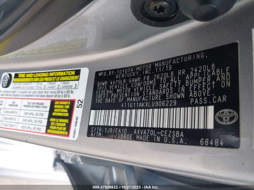 2020 TOYOTA CAMRY SE/SE NIGHT SHADE - 4T1G11AKXLU906229