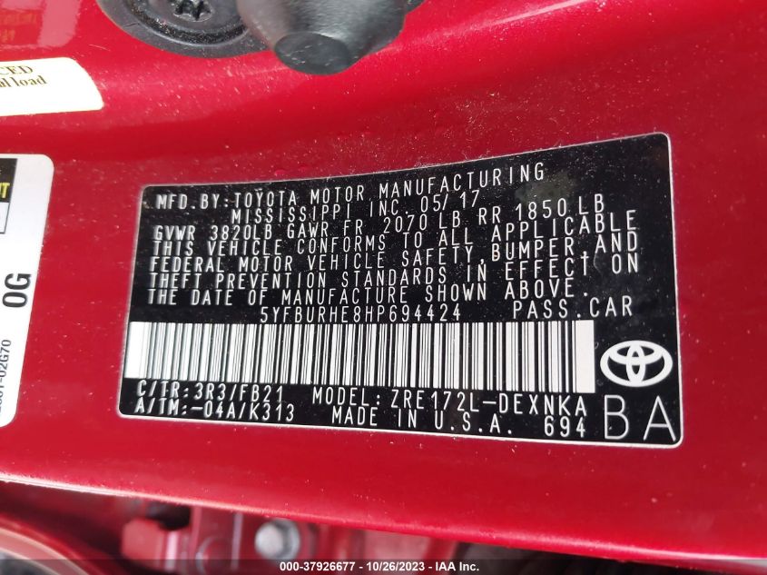 2017 TOYOTA COROLLA L/LE/XLE/SE - 5YFBURHE8HP694424