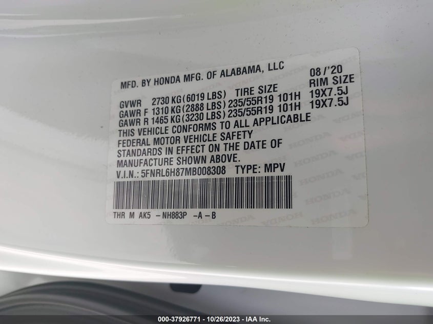 VIN 5FNRL6H87MB008308 2021 HONDA ODYSSEY TOURING