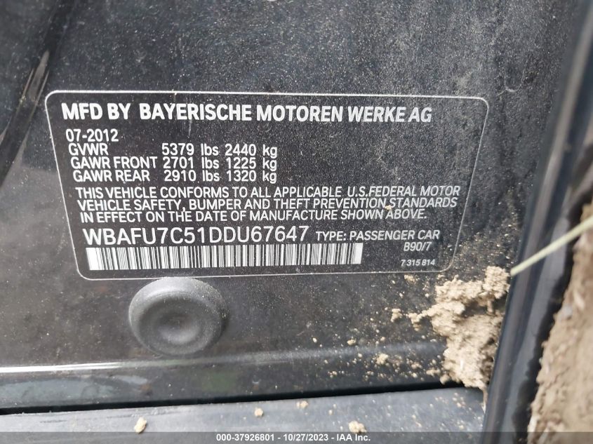 2013 BMW 5 SERIES 535I XDRIVE WBAFU7C51DDU67647