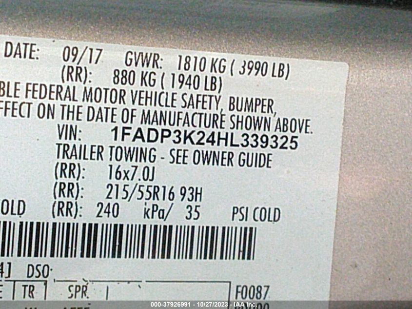 2017 FORD FOCUS SE - 1FADP3K24HL339325