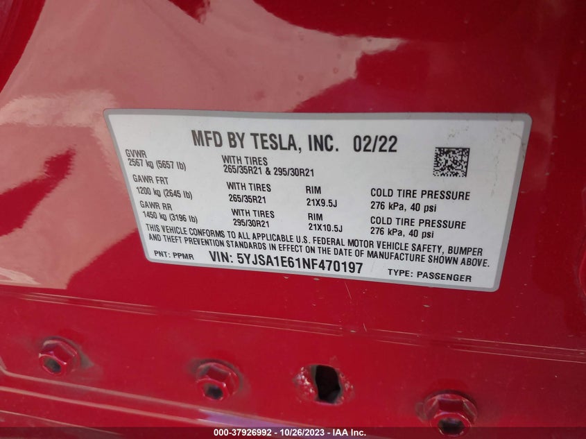 VIN 5YJSA1E61NF470197 2022 TESLA MODEL S