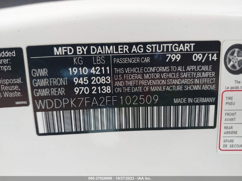 2015 MERCEDES-BENZ SLK 55 AMG WDDPK7FA2FF102509