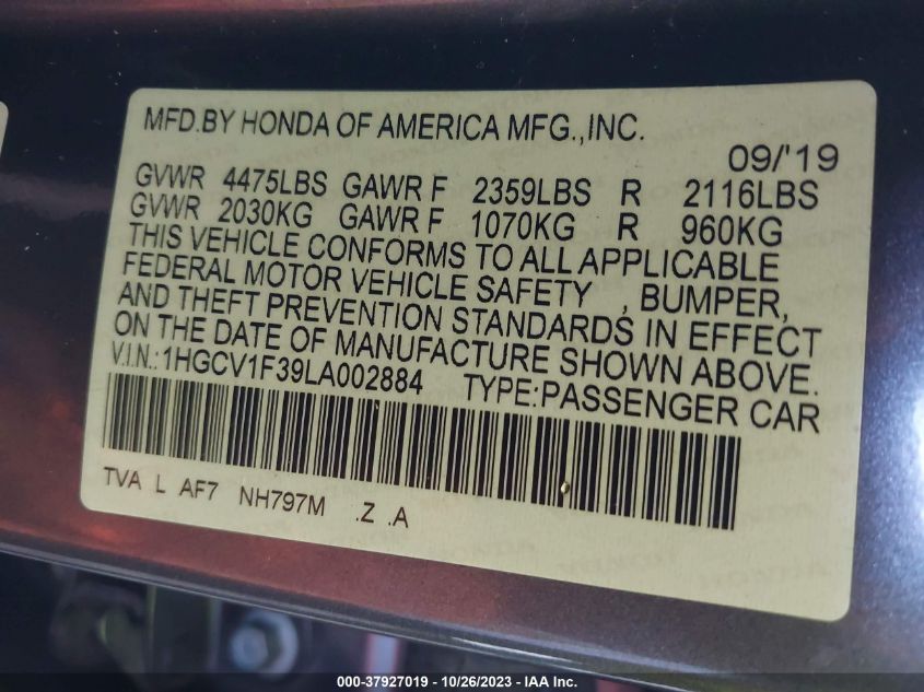 2020 HONDA ACCORD SPORT - 1HGCV1F39LA002884