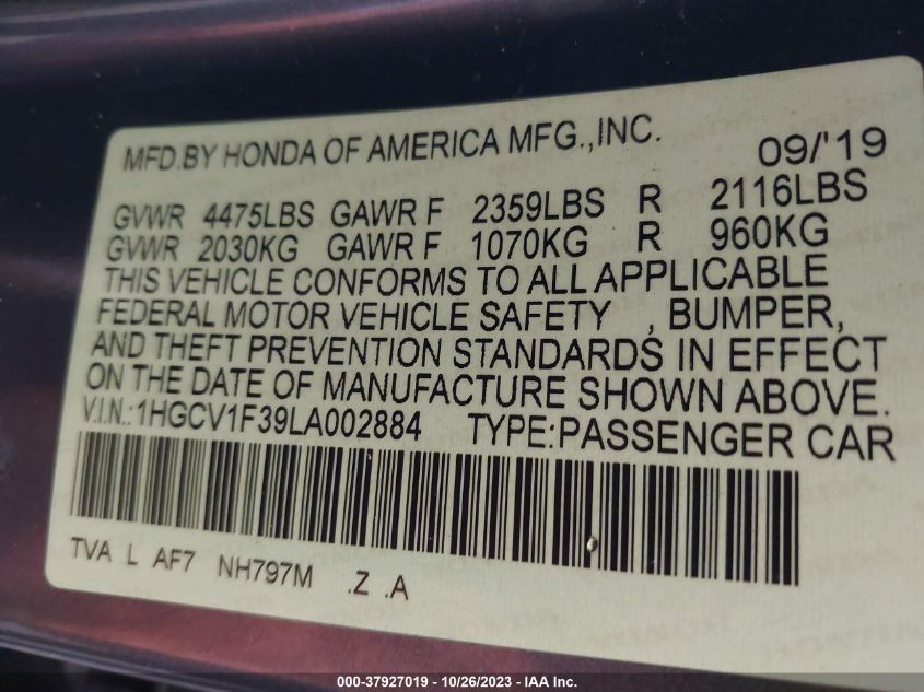 2020 HONDA ACCORD SPORT - 1HGCV1F39LA002884