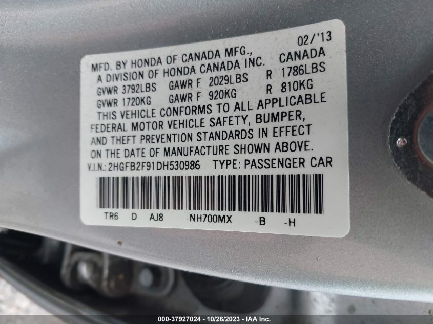 2013 HONDA CIVIC EX-L - 2HGFB2F91DH530986