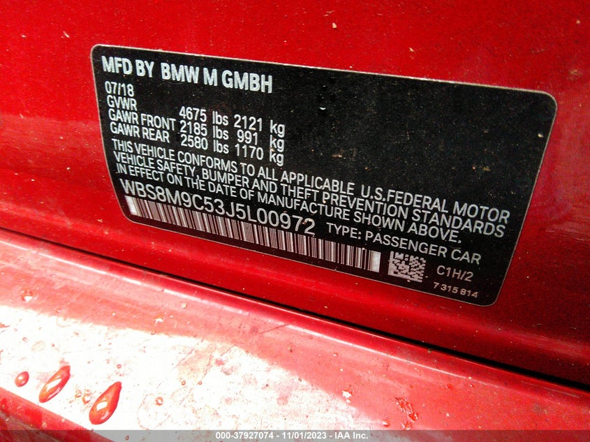 VIN WBS8M9C53J5L00972 2018 BMW M3