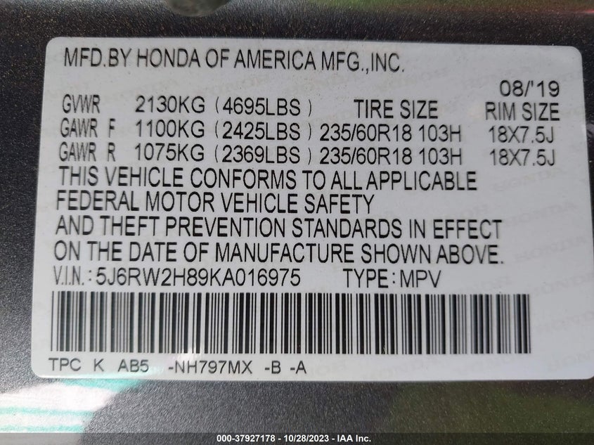 VIN 5J6RW2H89KA016975 2019 HONDA CR-V EXL