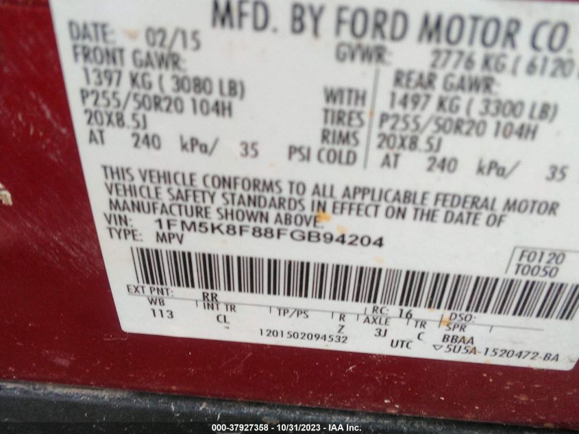 2015 FORD EXPLORER LIMITED - 1FM5K8F88FGB94204