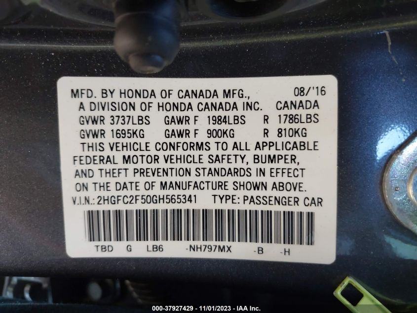 VIN 2HGFC2F50GH565341 2016 HONDA CIVIC SEDAN no.9