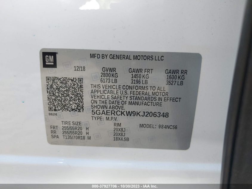 2019 BUICK ENCLAVE PREMIUM - 5GAERCKW9KJ206348