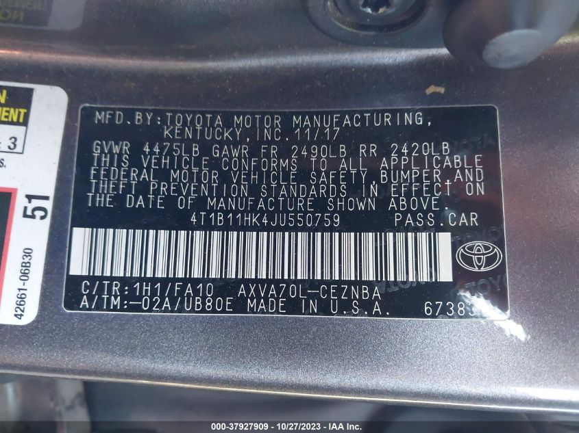 2018 TOYOTA CAMRY L/LE/XLE/SE/XSE - 4T1B11HK4JU550759