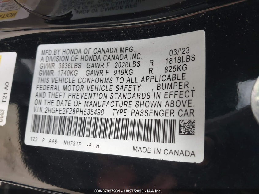 VIN 2HGFE2F28PH538498 2023 HONDA CIVIC SEDAN LX