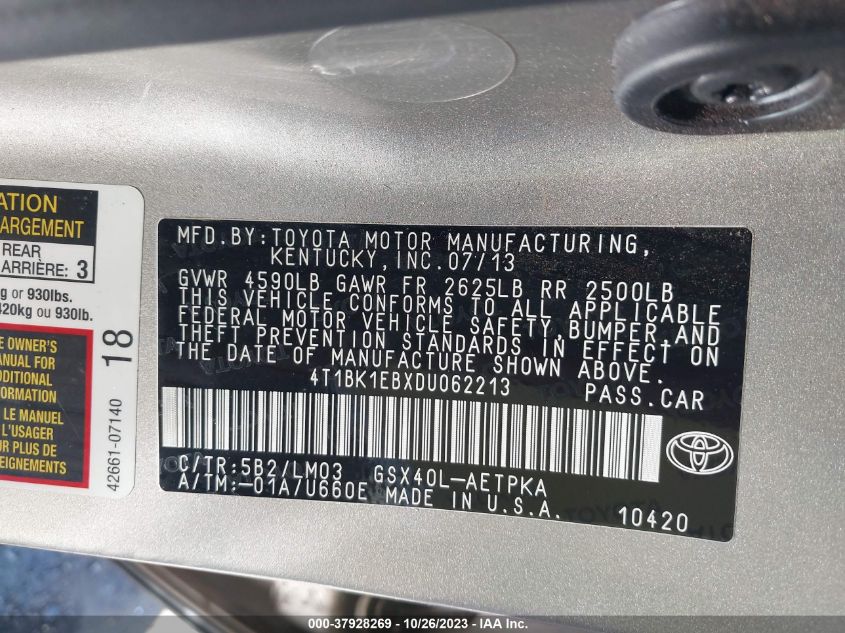 2013 TOYOTA AVALON XLE/LIMITED - 4T1BK1EBXDU062213