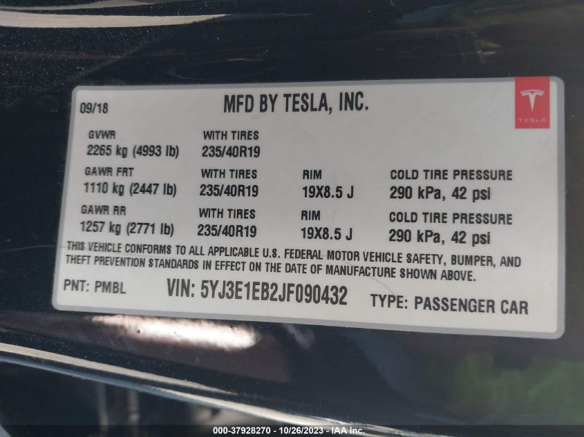 2018 TESLA MODEL 3 LONG RANGE - 5YJ3E1EB2JF090432