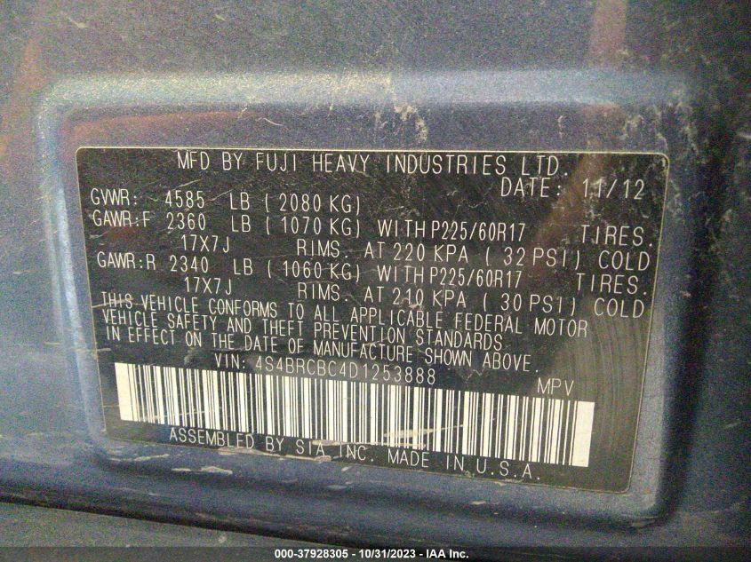 2013 SUBARU OUTBACK 2.5I PREMIUM - 4S4BRCBC4D1253888