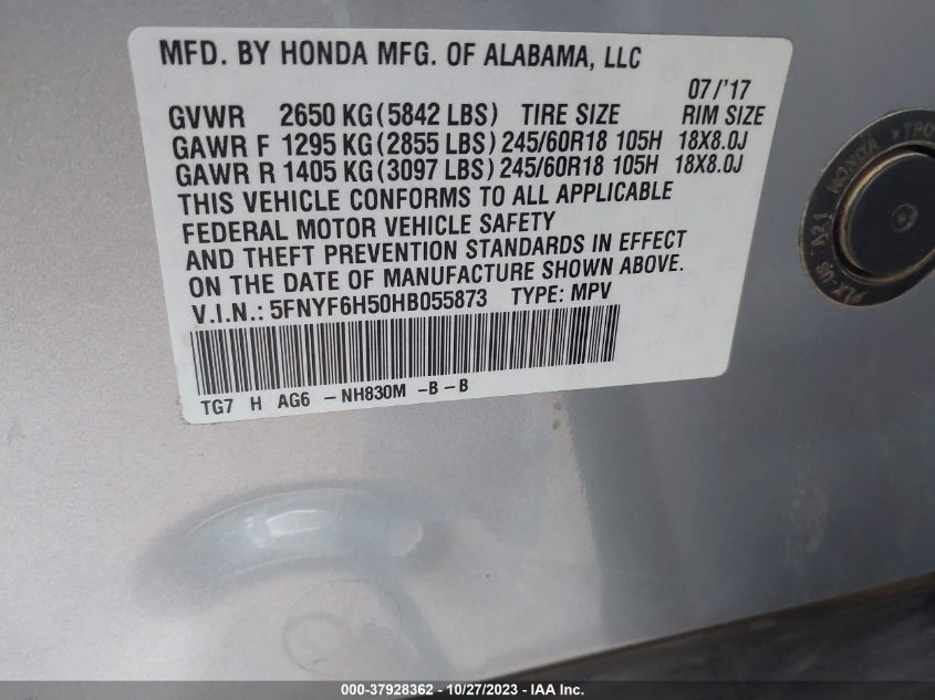 2017 HONDA PILOT EX-L - 5FNYF6H50HB055873