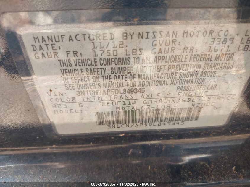 2013 NISSAN VERSA SL - 3N1CN7AP5DL849345