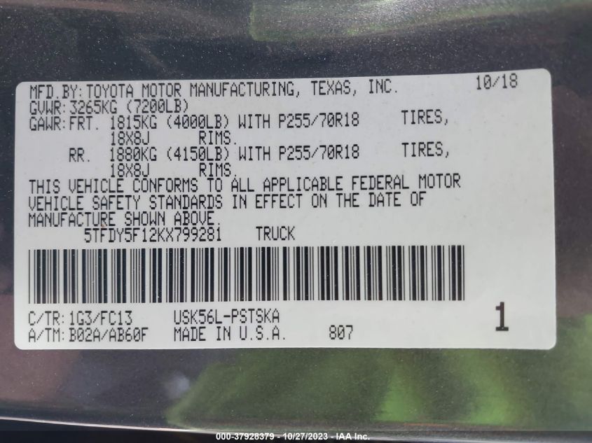 2019 TOYOTA TUNDRA 4WD SR5/LIMITED/PLATINUM 5TFDY5F12KX799281